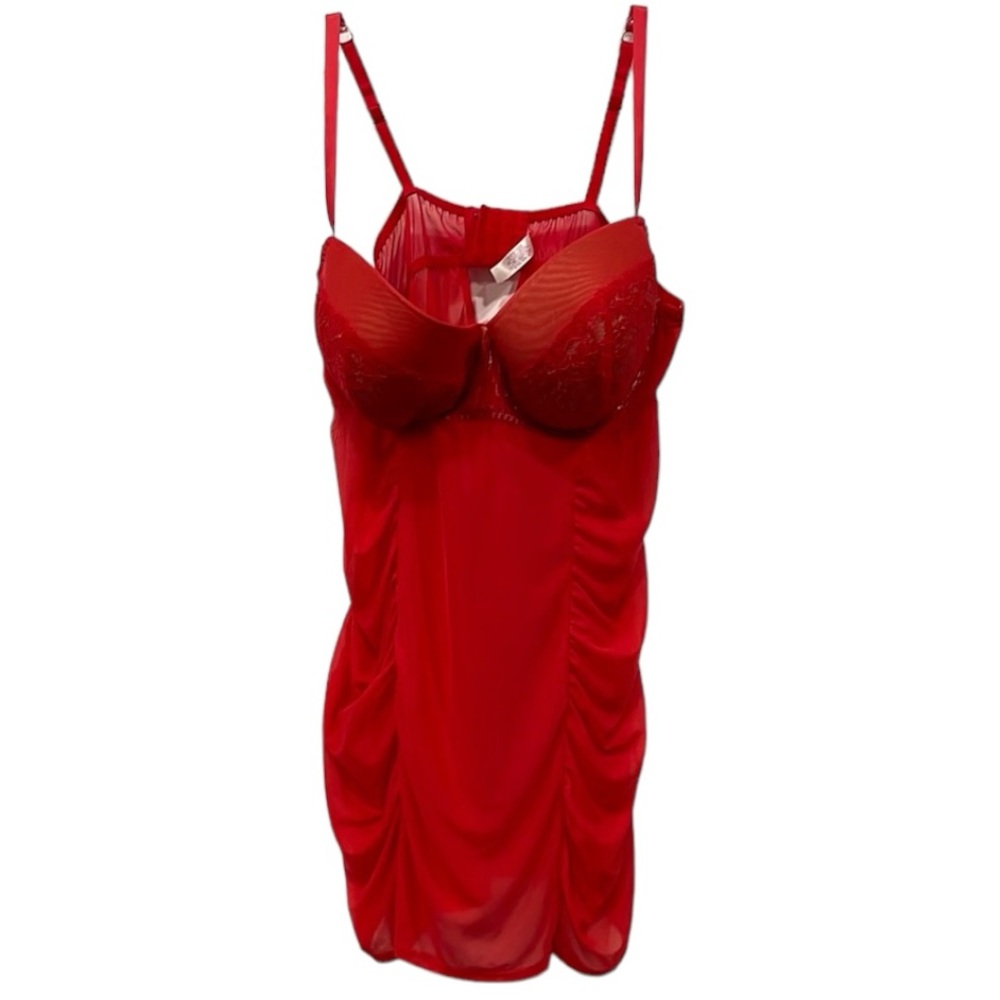 Cacique Women Chemise Teddy Lace Molded Lined Bra Cups Sz 22/24 Red Ruching‎